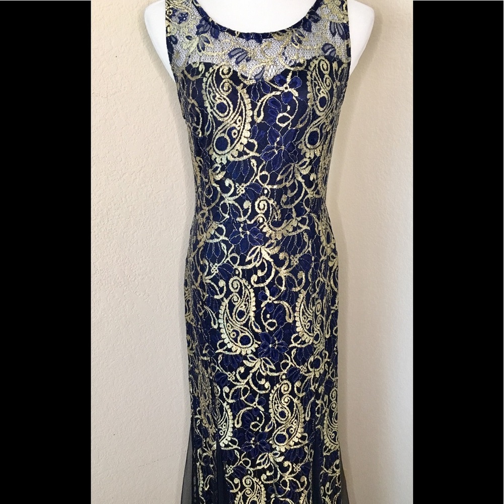Lace dress bodycon maxi dress sleeveless blue gold stunning Holiday party dress